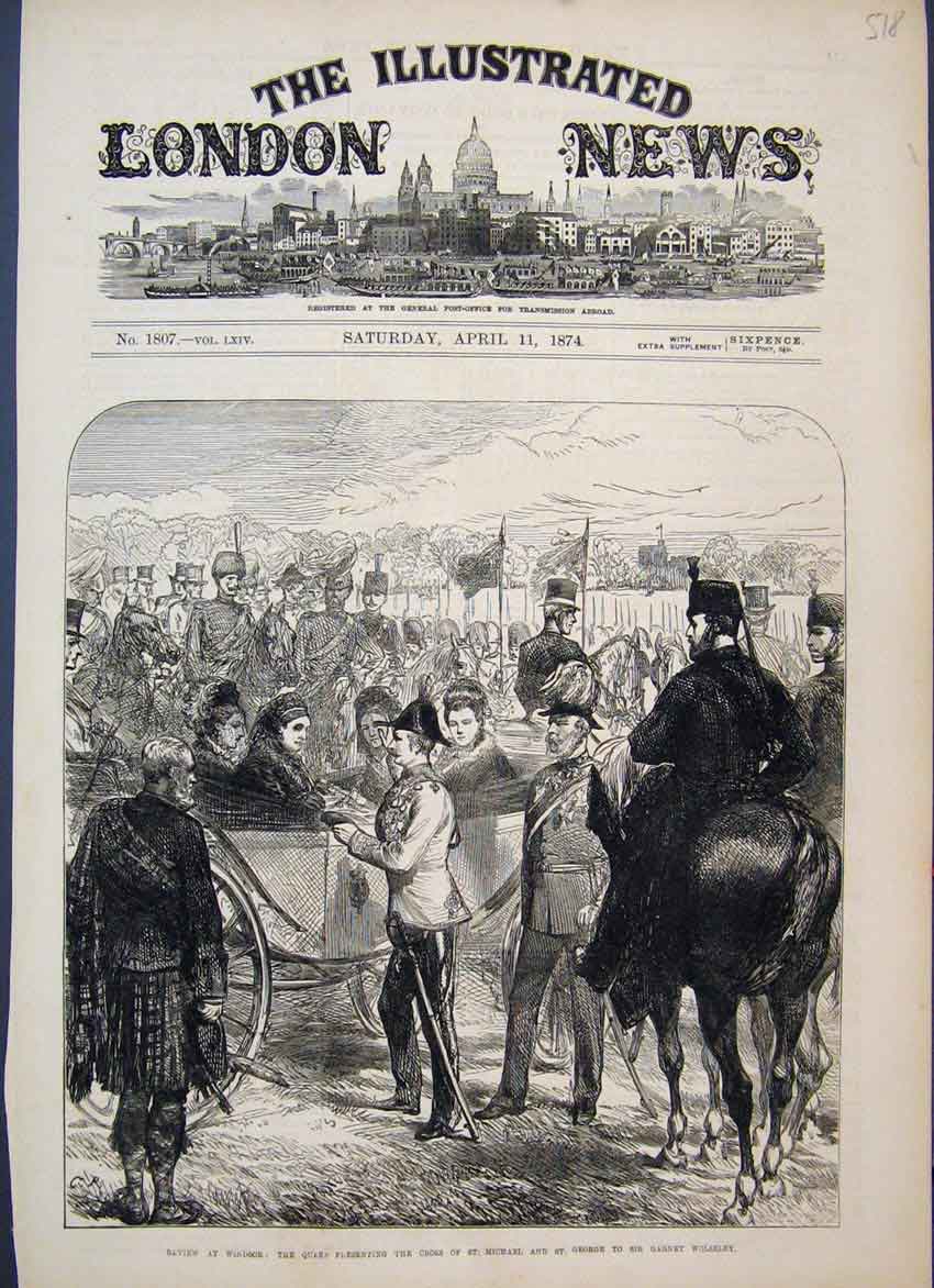 Original Old Antique Print 1874 Sir Garnet Wolseley St Micheals George Medal