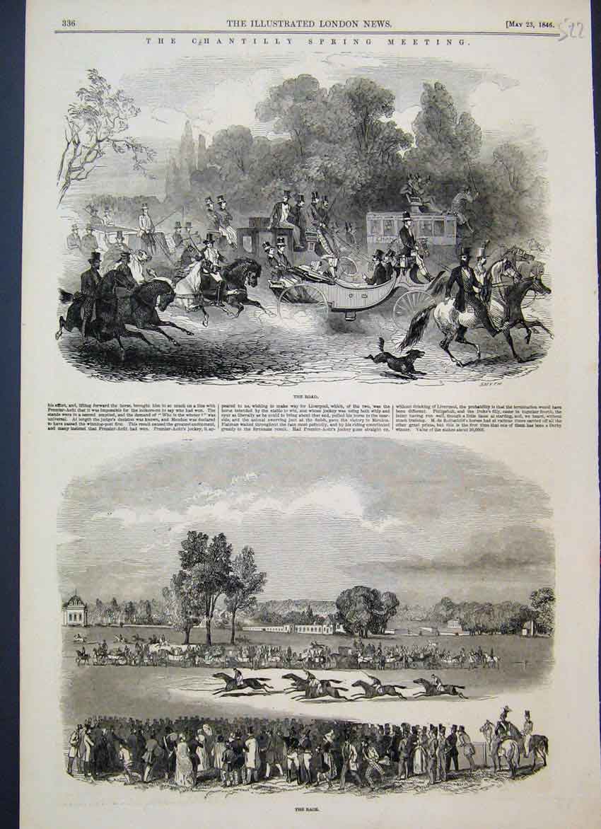 Original Old Antique Print 1846 Chantilly Spring Meeting Road To Race Victorian