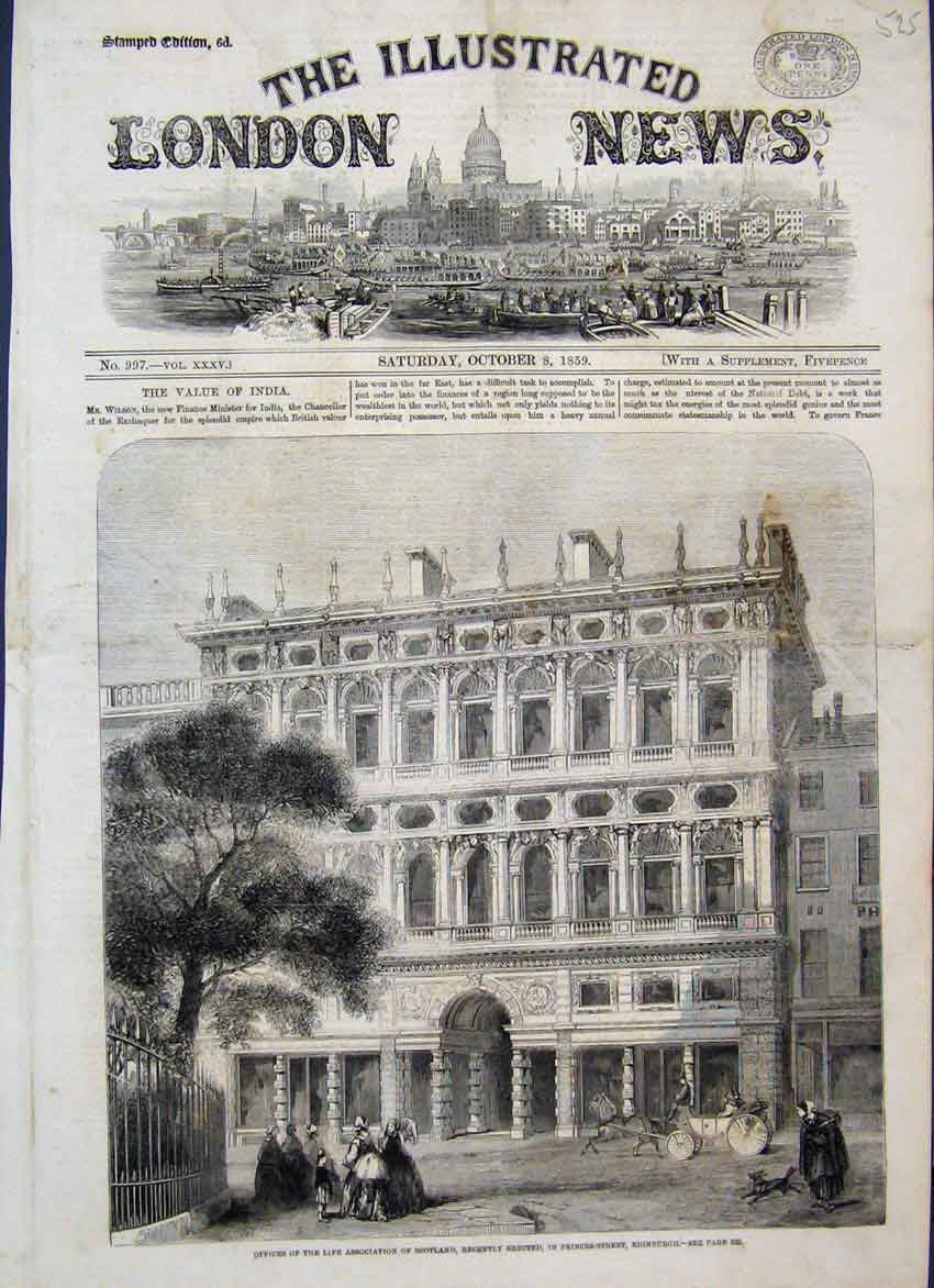 Original Old Antique Print 1859 Offices Princes Street Edinburgh Scotland 19th