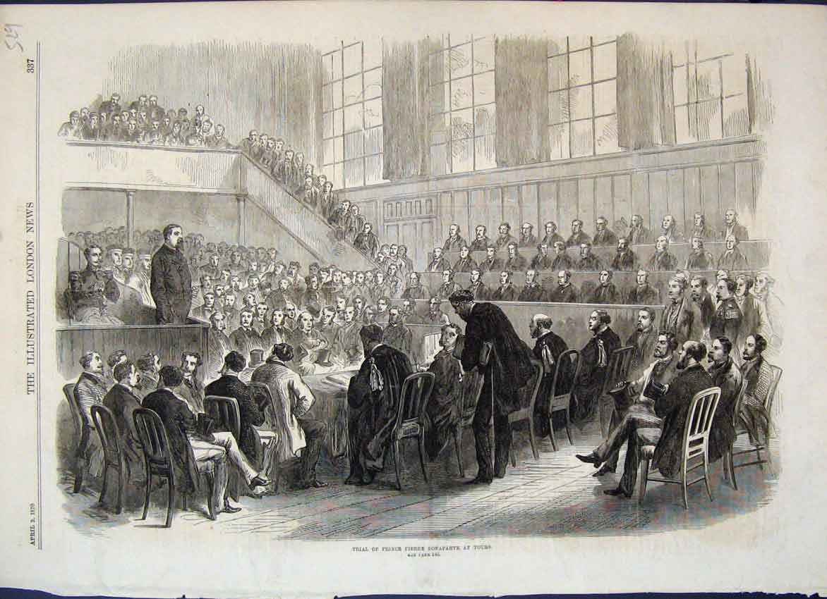 Original Old Antique Print 1870 Trial Prince Pierre Bonaparte In Tours Victorian