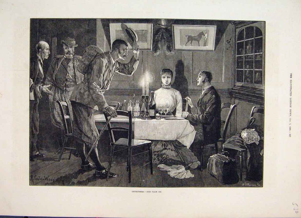 Original Old Antique Print 1881 Unwelcome Intruders At Dinner Table Victorian
