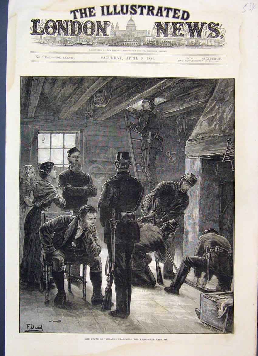 Original Old Antique Print 1881 State Ireland Searching Homes For Arms Victorian