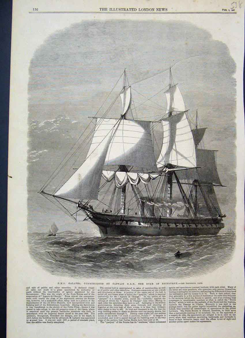 Original Old Antique Print 1867 Galatea Ship At Sea Duke Edinburgh Victorian