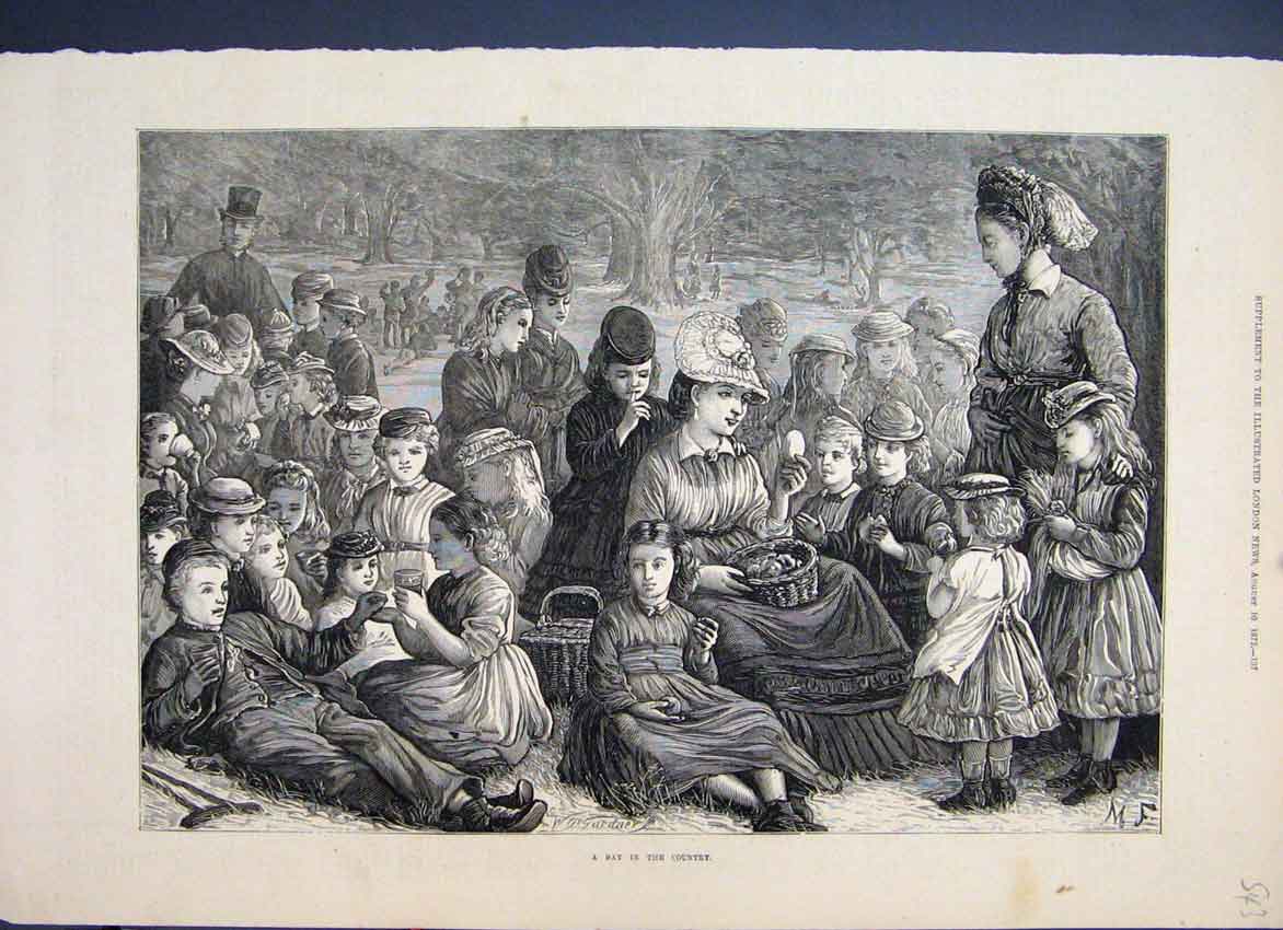 Original Old Antique Print 1872 Day Out Country Picnic Families 19th