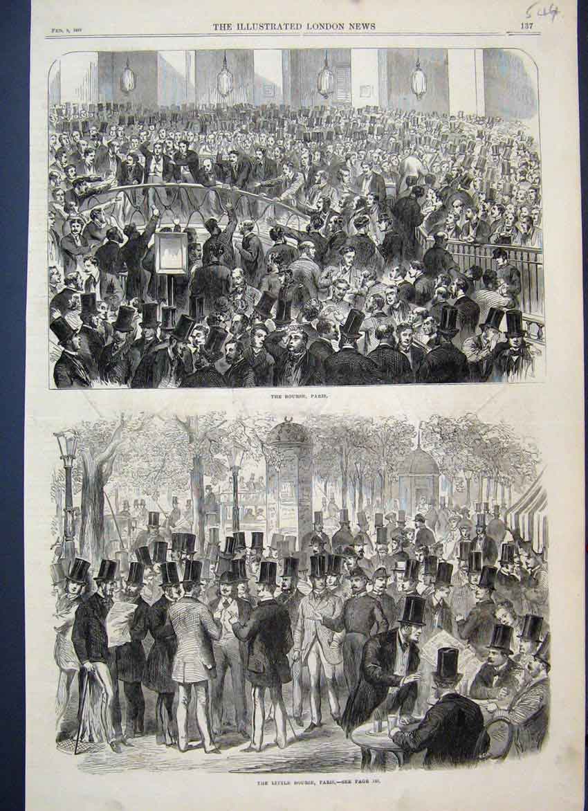 Original Old Antique Print 1867 Little Bourse Paris Men 19th Century