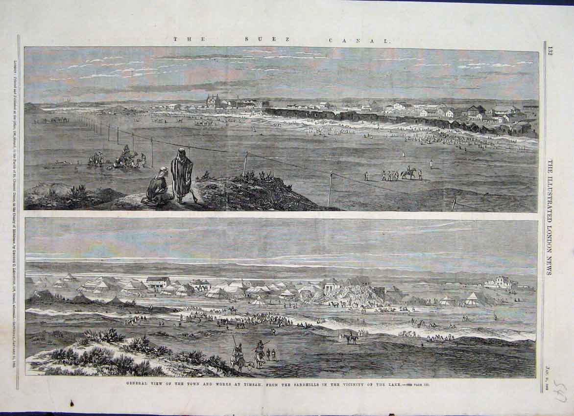 Original Old Antique Print 1863 View Town Works Timsah Sandhills Lake Victorian