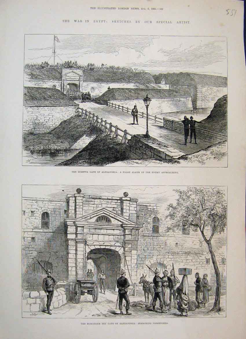 Original Old Antique Print 1882 War Egypt Rossetta Gate Moharrem Bey Sketch