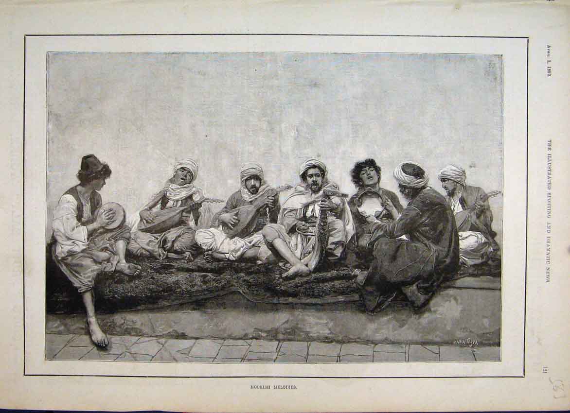 Original Old Antique Print 1892 Moorish Melodies Music Men Fine Art Victorian