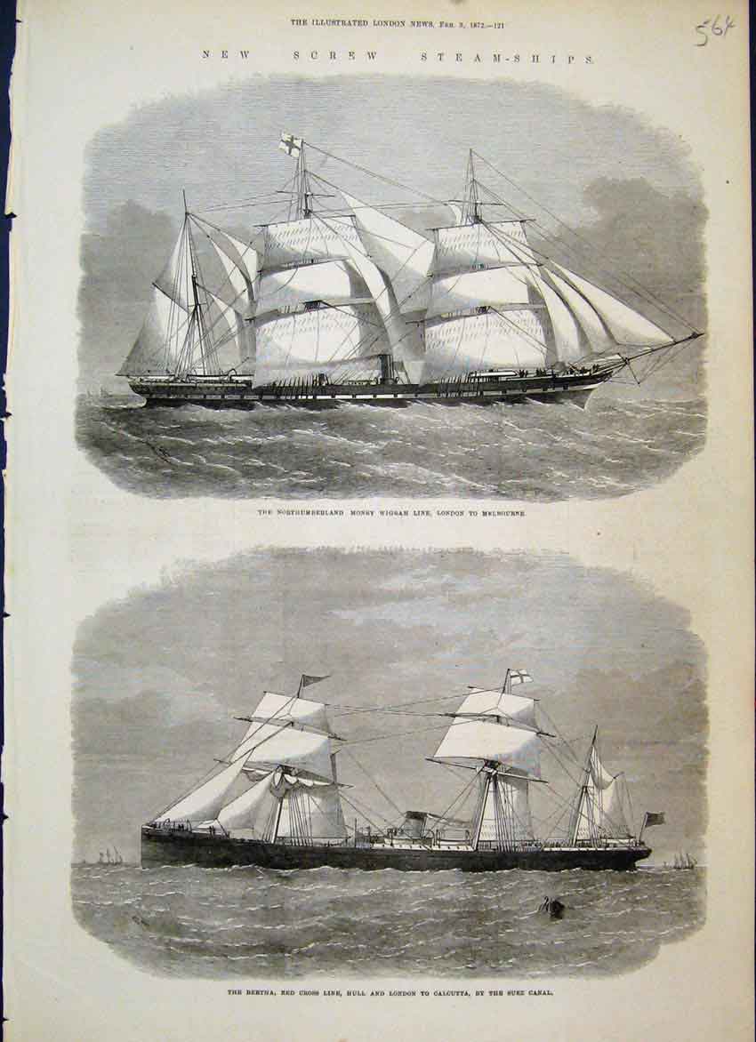 Original Old Antique Print 1872 Steamships Northumberland Wigram Bertha 19th