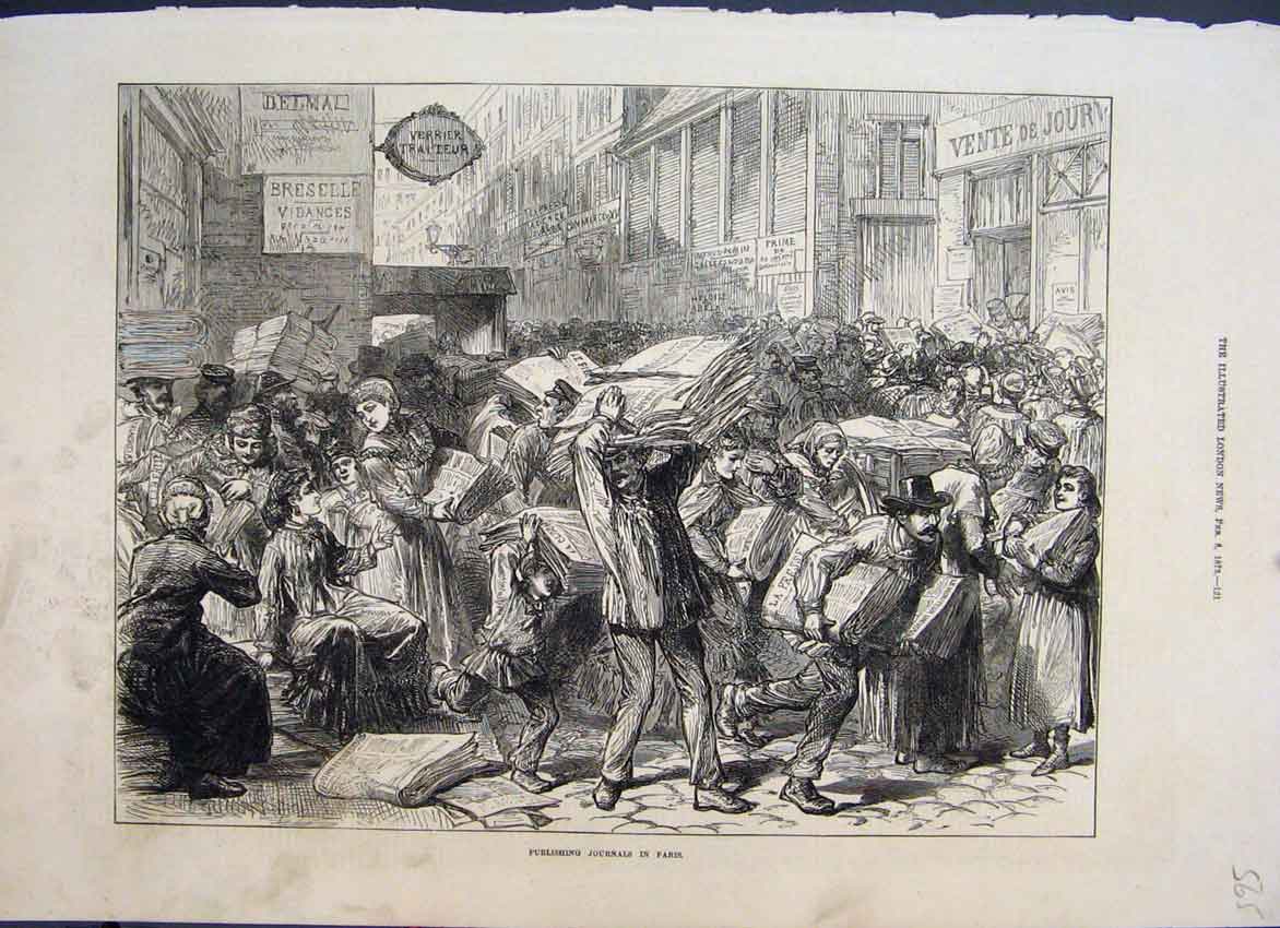 Original Old Antique Print 1873 Publishing Journals Paris Street People 19th