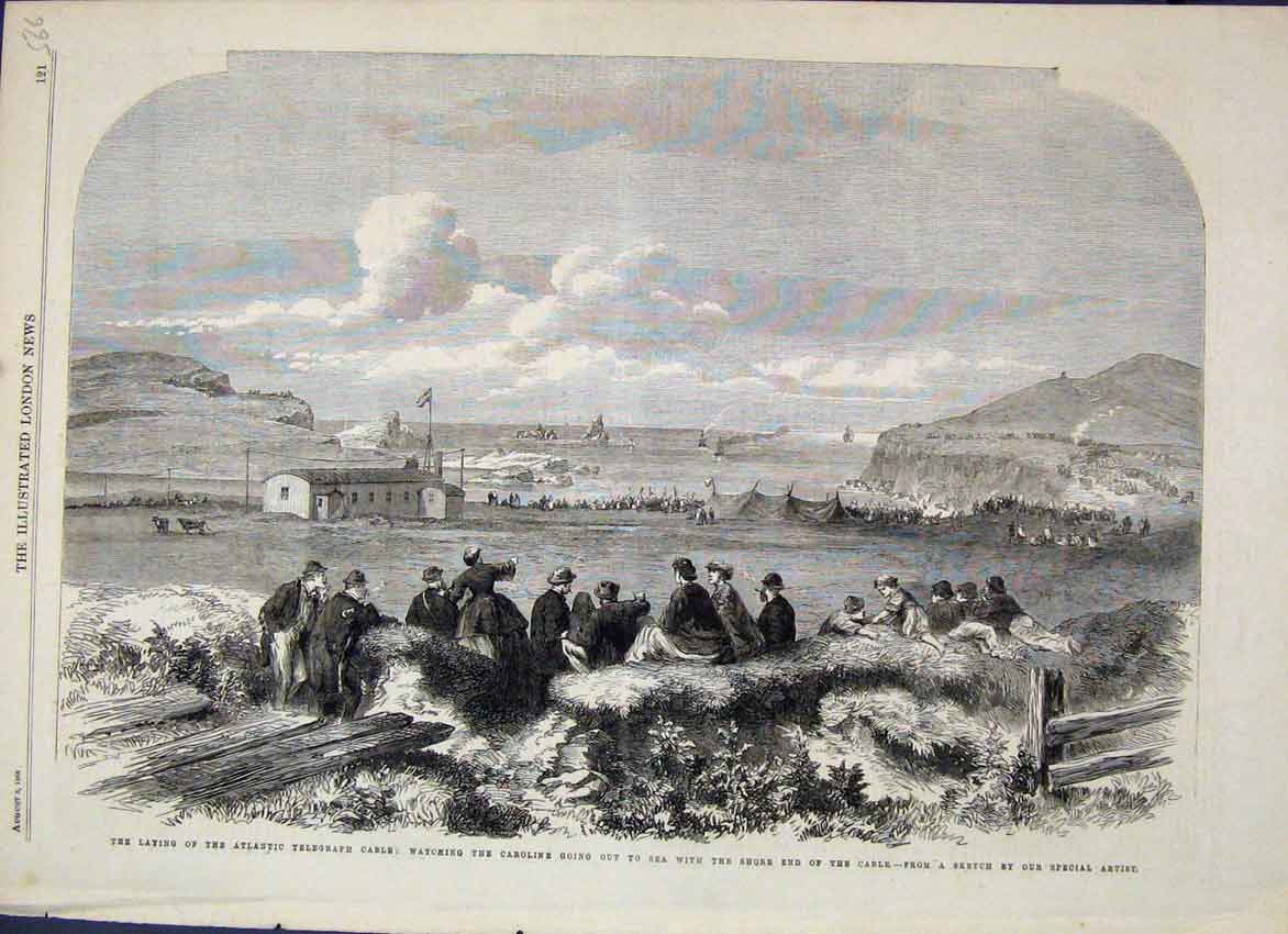 Original Old Antique Print 1865 Atlantic Telephone Cable Caroline Ship Sketch