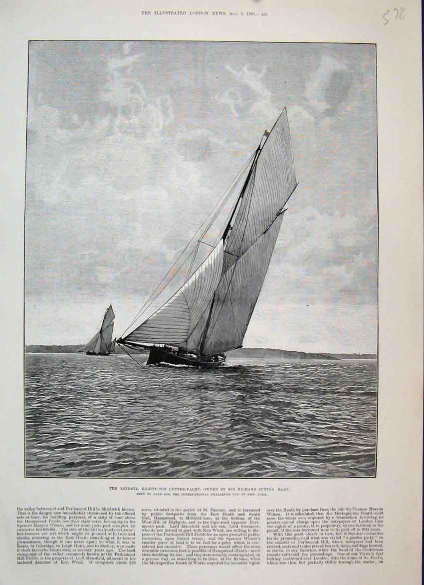 Original Old Antique Print 1885 Genesta Cutter Yacht Richard Sutton Victorian
