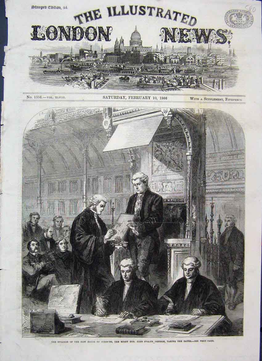 Original Old Antique Print 1866 House Commons John Evelyn Denison Oaths 19th
