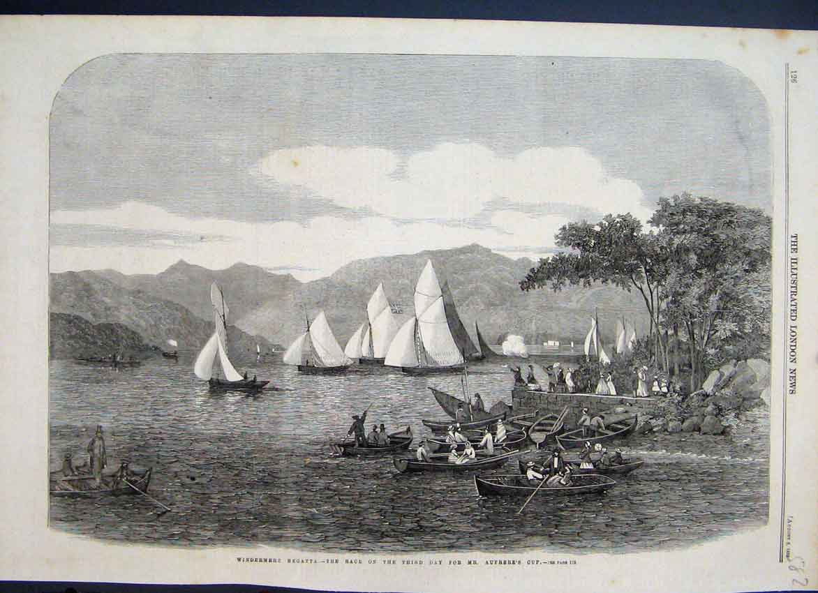 Original Old Antique Print 1859 Windermere Regatta Race Aufrere Cup Victorian
