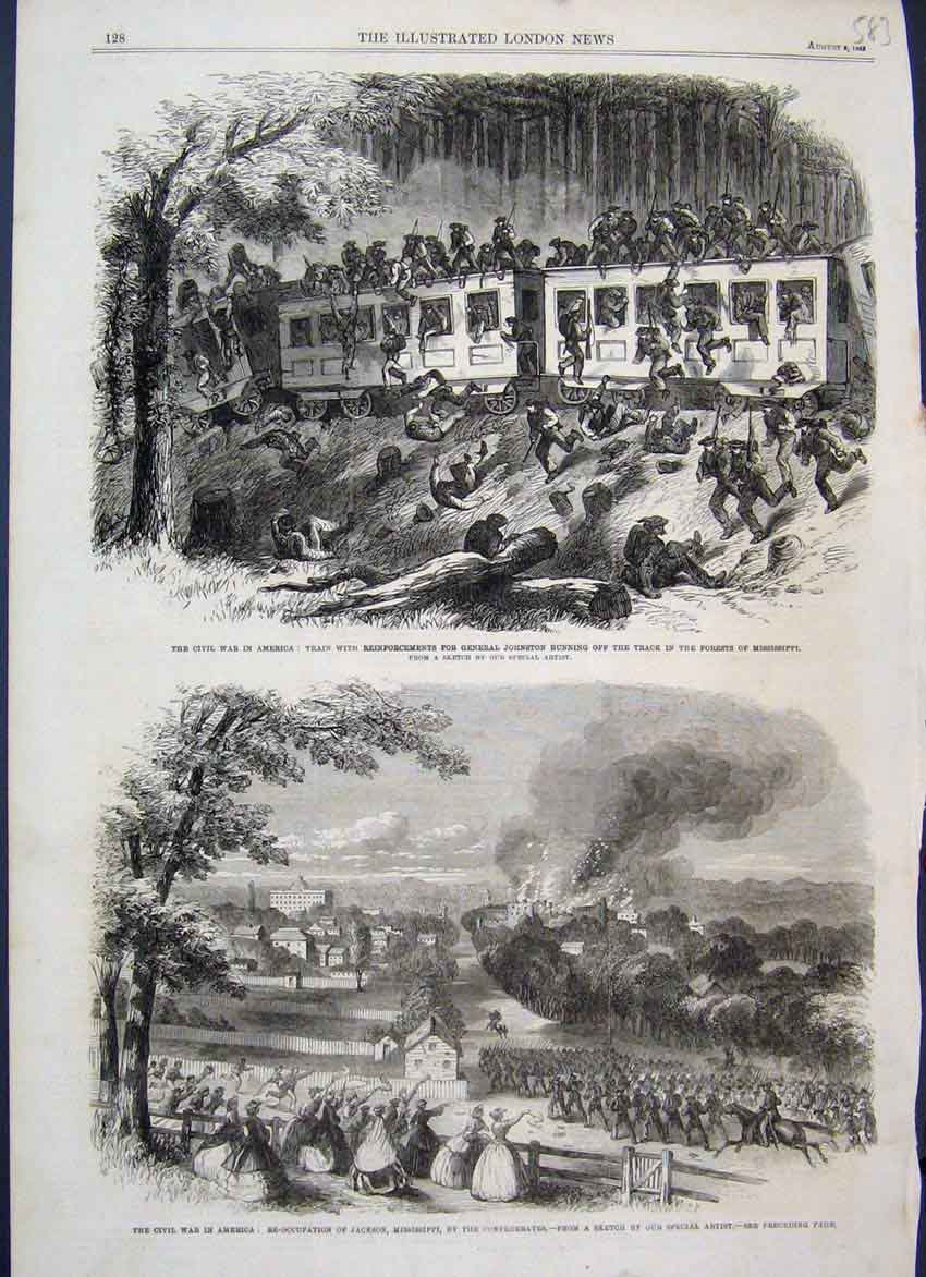 Original Old Antique Print 1863 Civil War America Train Mississippi Sketch 19th