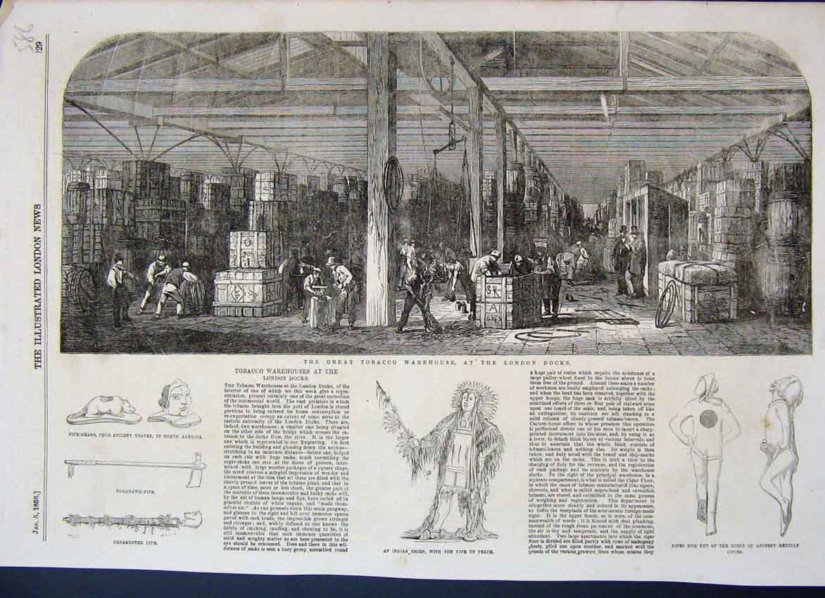 Original Old Antique Print 1856 Tobacco Warehouse London Docks 19th