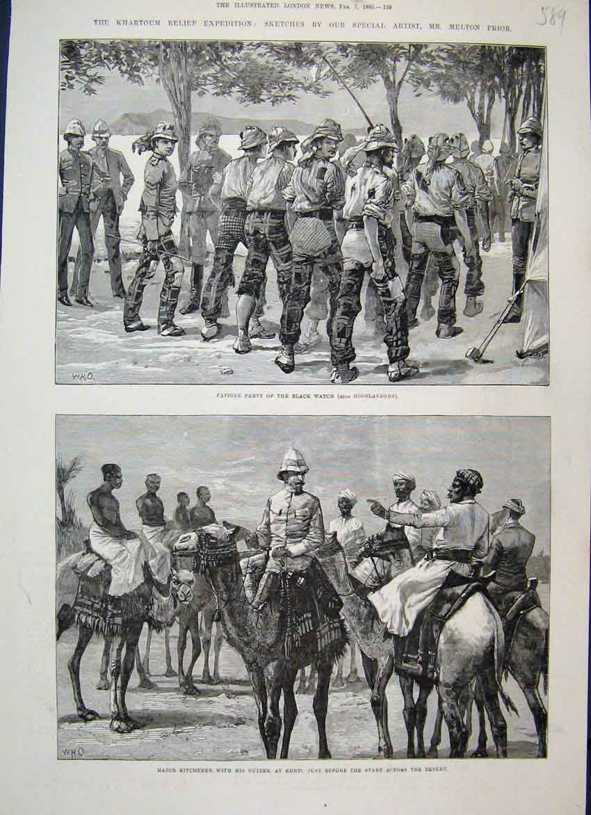 Original Old Antique Print 1885 Khartoum Black Watch Major Kitchener Victorian