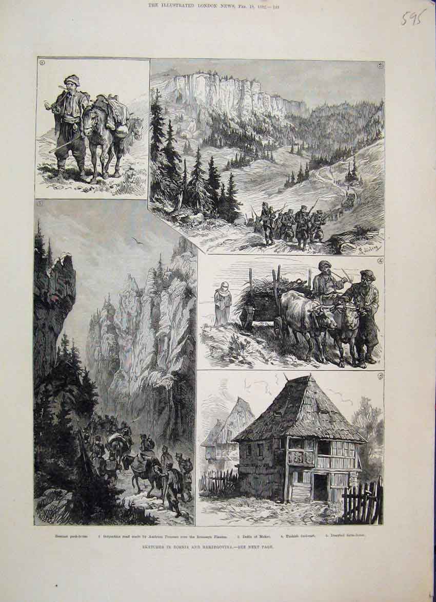 Original Old Antique Print 1882 Bosnia Herzegovina Pack Horse Romanya Sketches