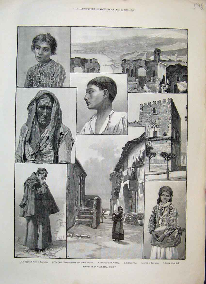 Original Old Antique Print 1890 Taormina Sicily Greek Theatre Friar Victorian