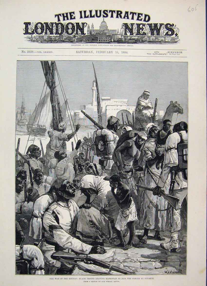 Original Old Antique Print 1884 War Soudan Black Troops Massowah Souakim Sketch