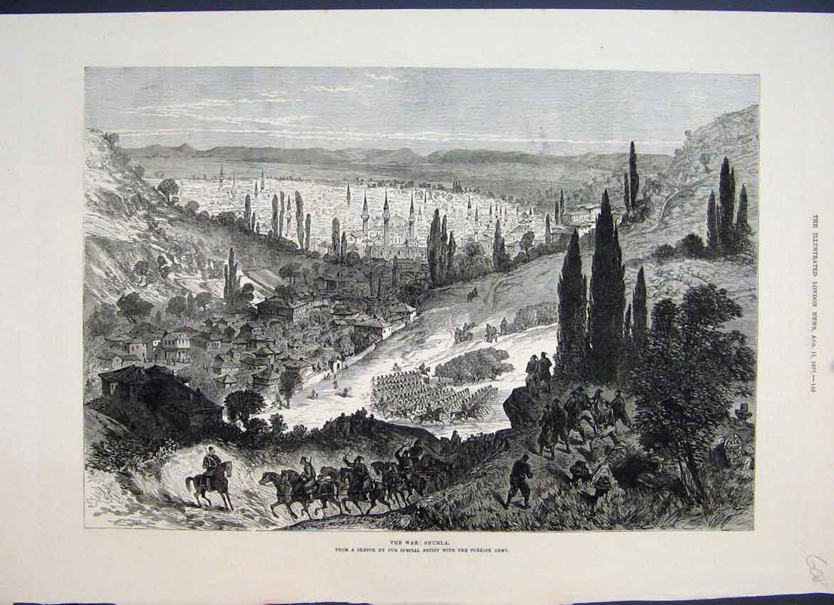 Original Old Antique Print 1877 War Shumla Turkish Horses Army Trees Sketch