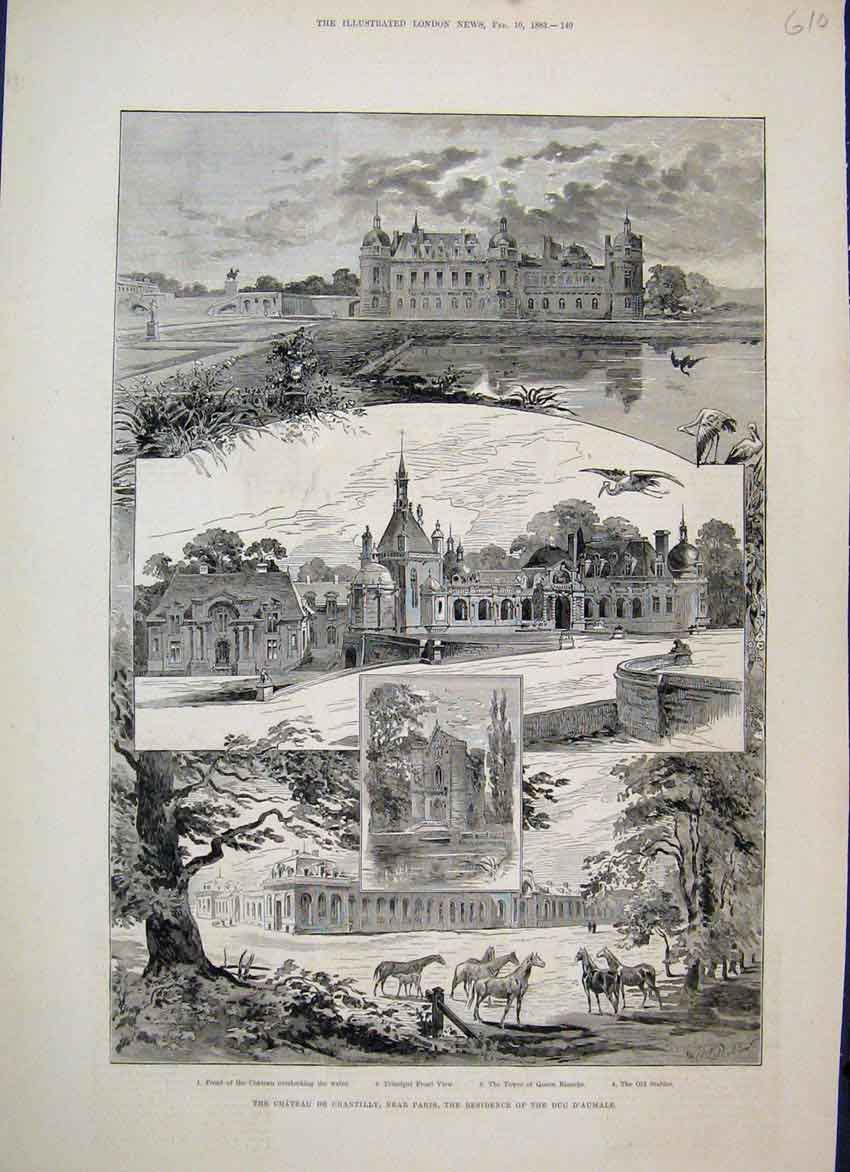 Original Old Antique Print 1883 Chateau Chantilly Horses Stable Birds Victorian