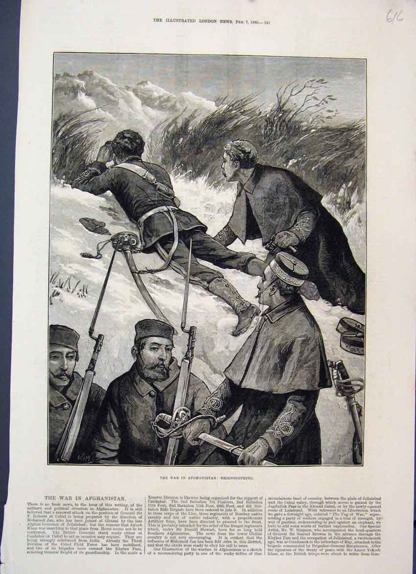 Original Old Antique Print 1880 War Afghanistan Reconnoitring Men Victorian