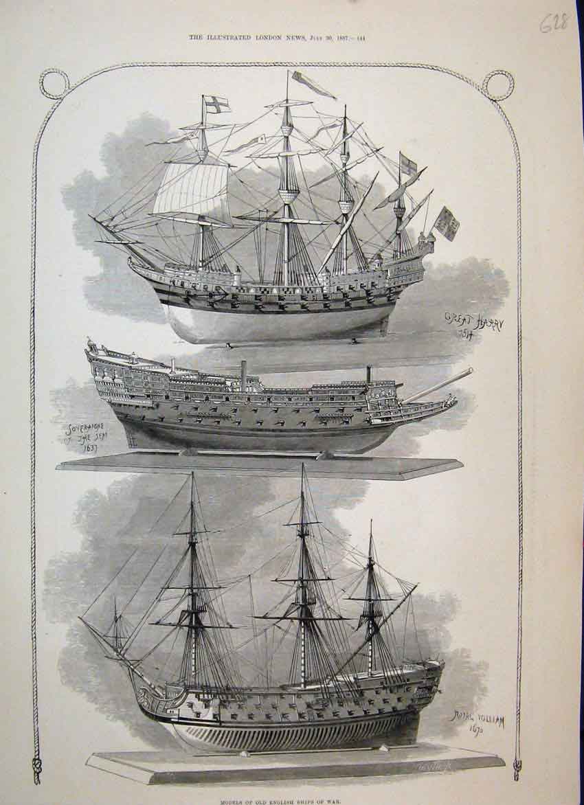 Original Old Antique Print 1887 English Ships Harry Soveraigne William 19th