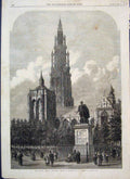 Original Old Antique Print 1868 Place Verte Antwerp Petro Paulo Statue 19th
