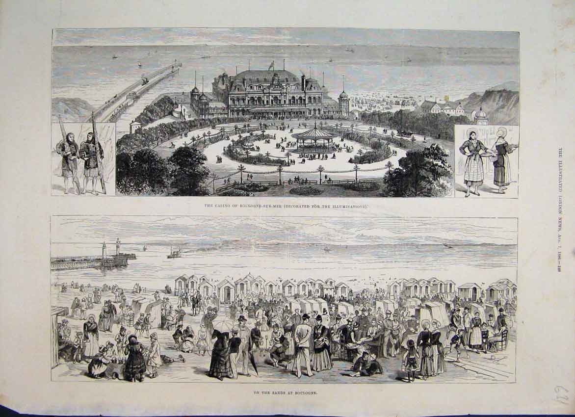 Original Old Antique Print 1886 Casino Boulogne People Sea Beach Huts Victorian