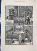 Original Old Antique Print 1876 Chester Cathedral Organ Pulpit Reredos 19th