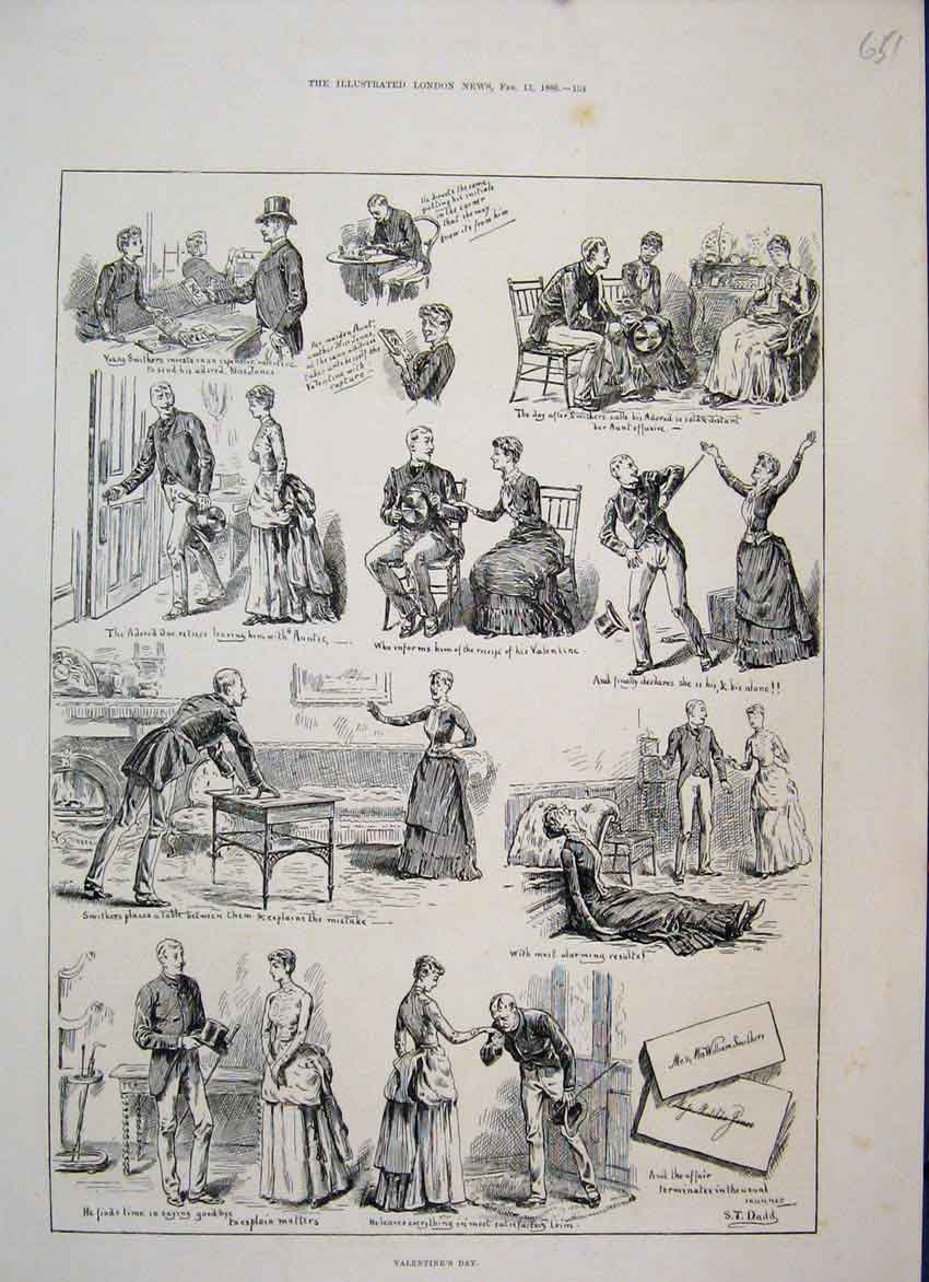 Original Old Antique Print 1886 Valentines Day Images Love Story Image 19th