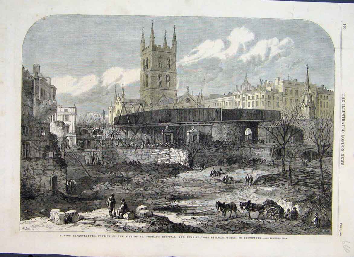 Original Old Antique Print 1863 Thomas Hospital Charing Cross Works Victorian