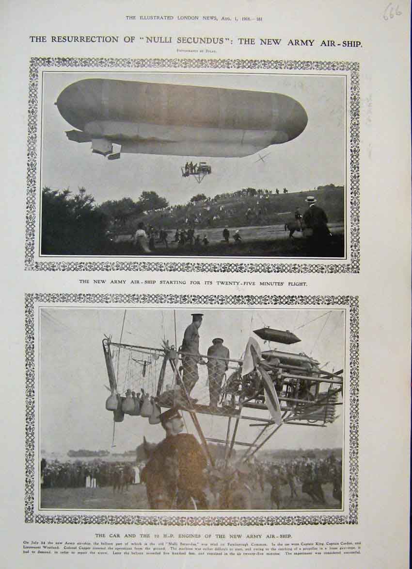 Original Old Antique Print 1908 Army Air Ship Farnborough Common Photo 20th