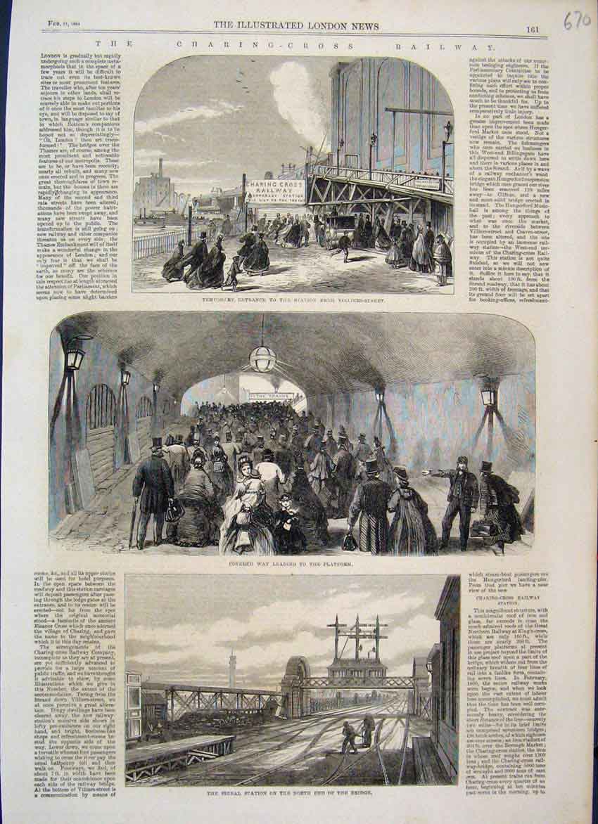 Original Old Antique Print 1864 Charing Cross Railway Signal Station Victorian