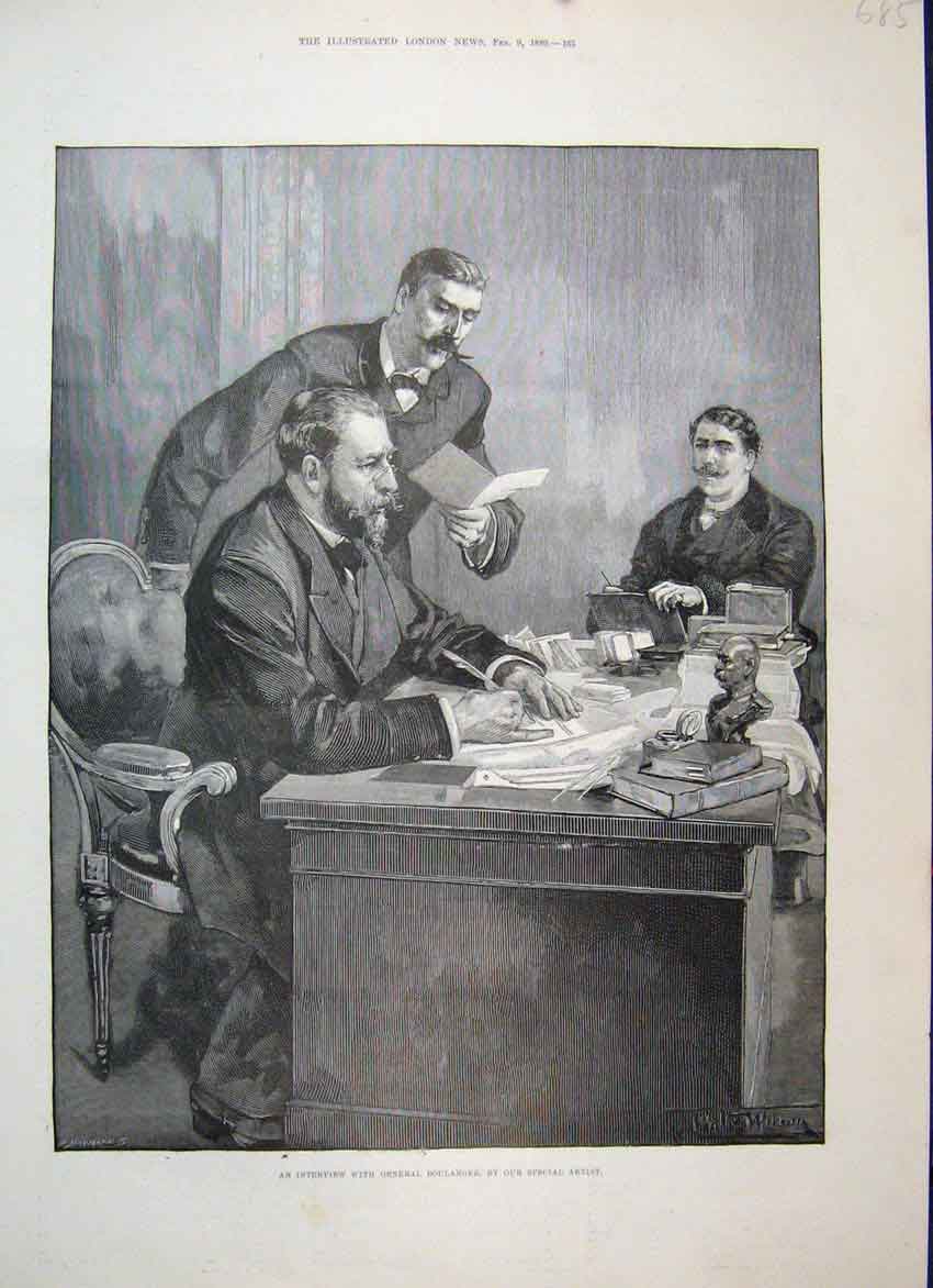 Original Old Antique Print 1889 Interview Gerneral Boulanger Desk Victorian