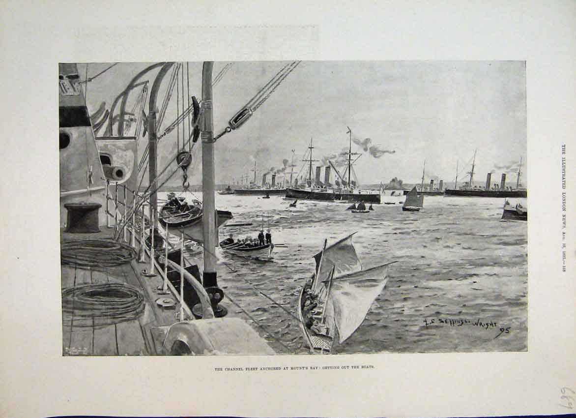 Old Antique Print 1895 Channel Fleet Anchored Mounts Bay Boats Fine Art 19th