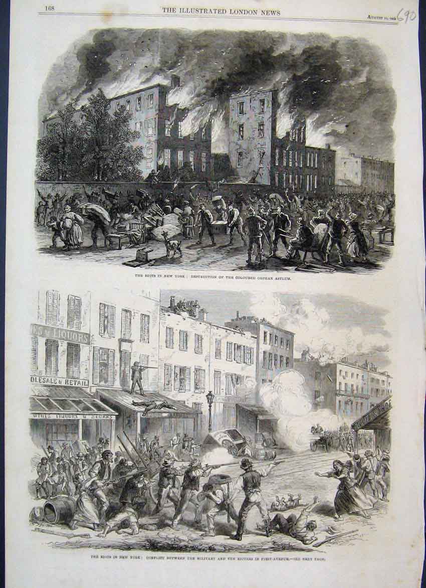 Original Old Antique Print 1863 New York Riots First Avenue Orphan S Victorian