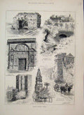 Old Antique Print 1884 Cordova Moorish Mill Alcazar Mosque Tower Sketch 19th