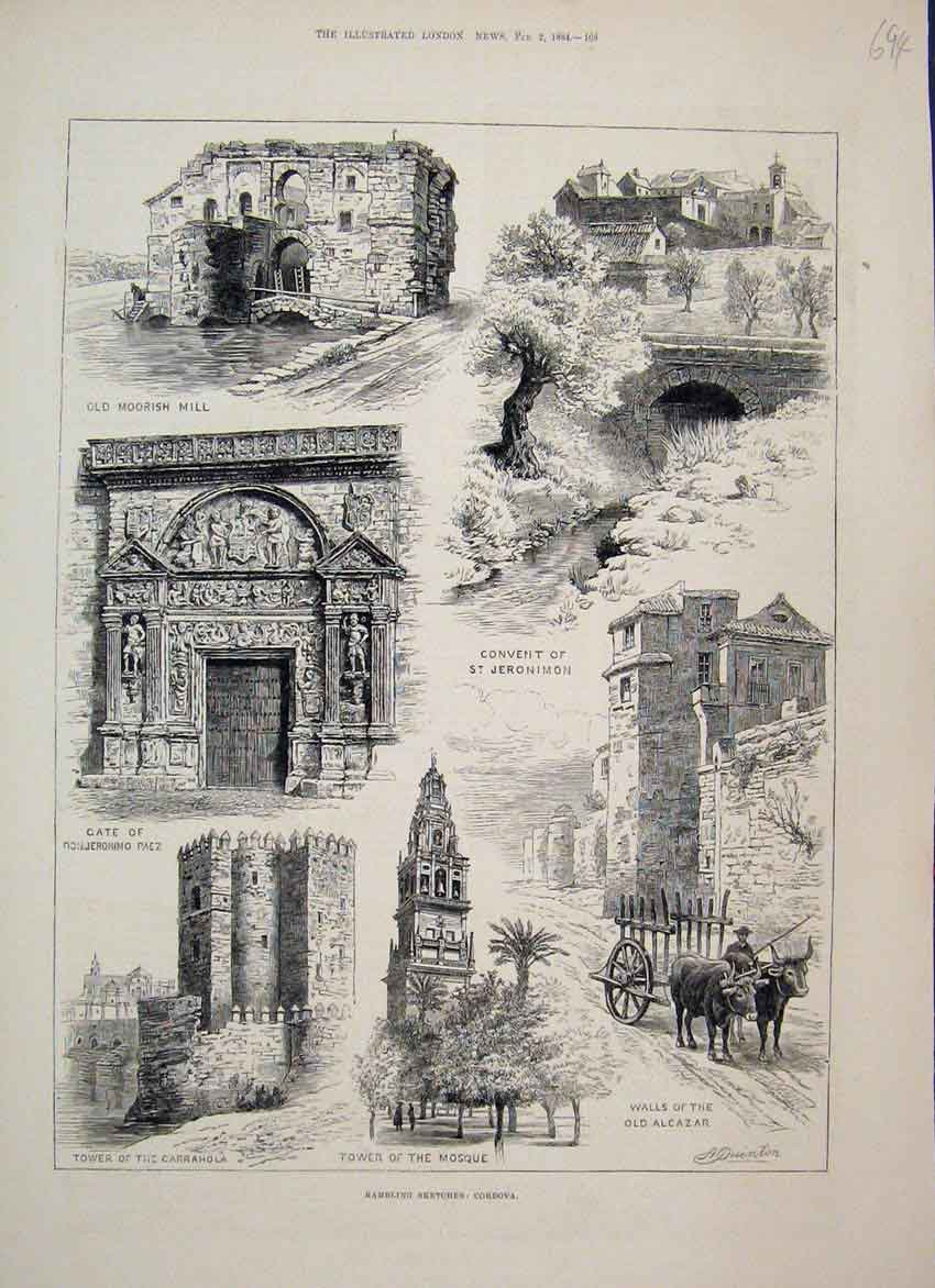 Old Antique Print 1884 Cordova Moorish Mill Alcazar Mosque Tower Sketch 19th