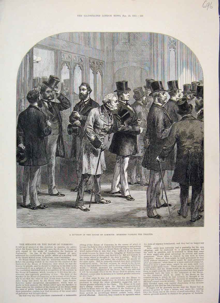 Original Old Antique Print 1882 House Commons Members Tellers Division 19th
