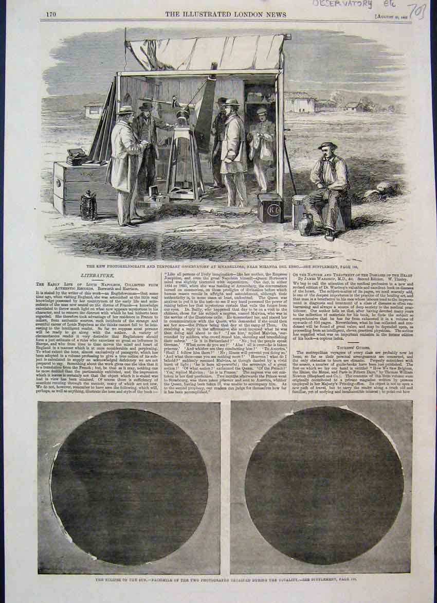 Original Old Antique Print 1860 Observatory Rivabellosa Eclipse Sun Victorian