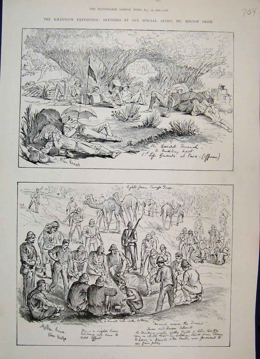 Original Old Antique Print 1885 Khartoum Expedition Siers Resting Camels Sketch