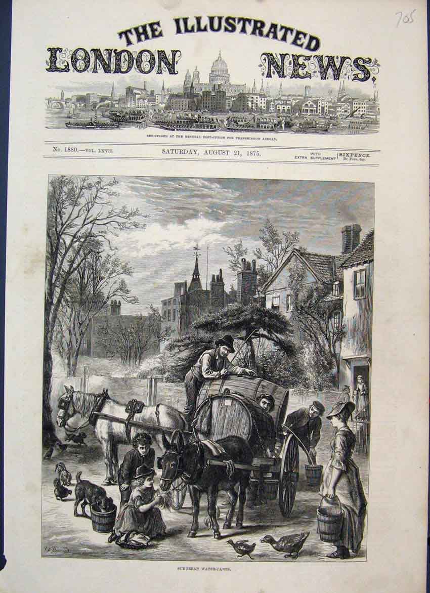 Original Old Antique Print 1875 Suburban Water Cart Horse Dog Duck Fine Art