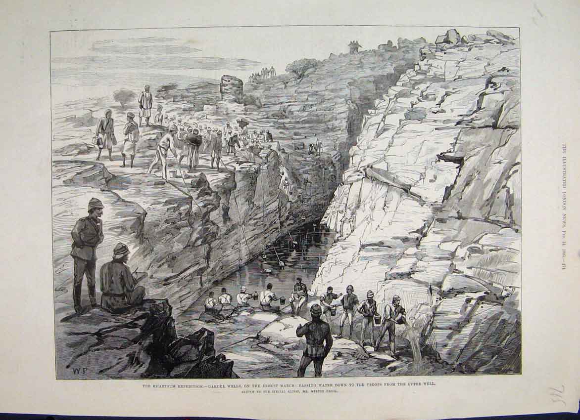 Original Old Antique Print 1885 Khartoum Expedition Gakdul Wells Troops Sketch