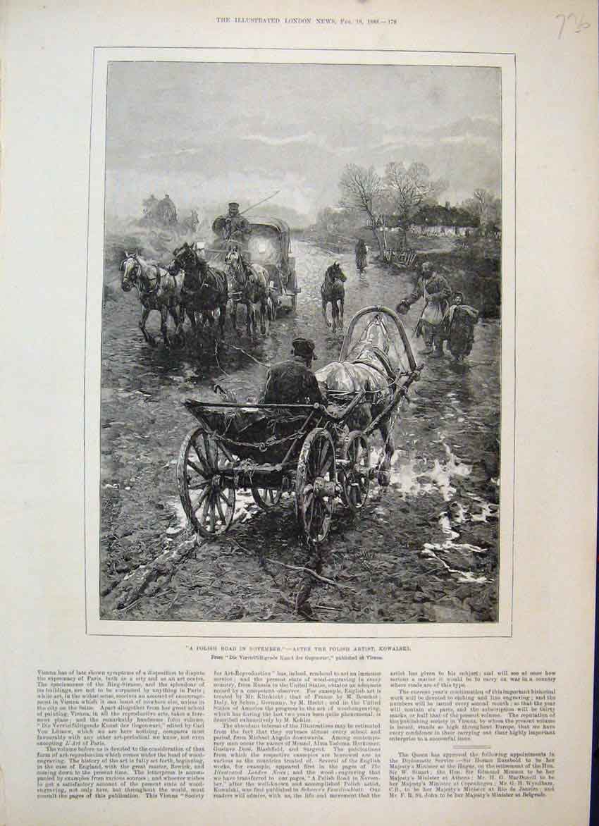 Original Old Antique Print 1888 Polish Road November Horses Cart Winter 19th