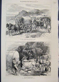 Original Old Antique Print 1876 War Midday Halt Belgrade Uscicza Horses Sketch