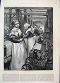 Original Old Antique Print 1883 Lady Work Woolen Factory Machine Fine Art 19th