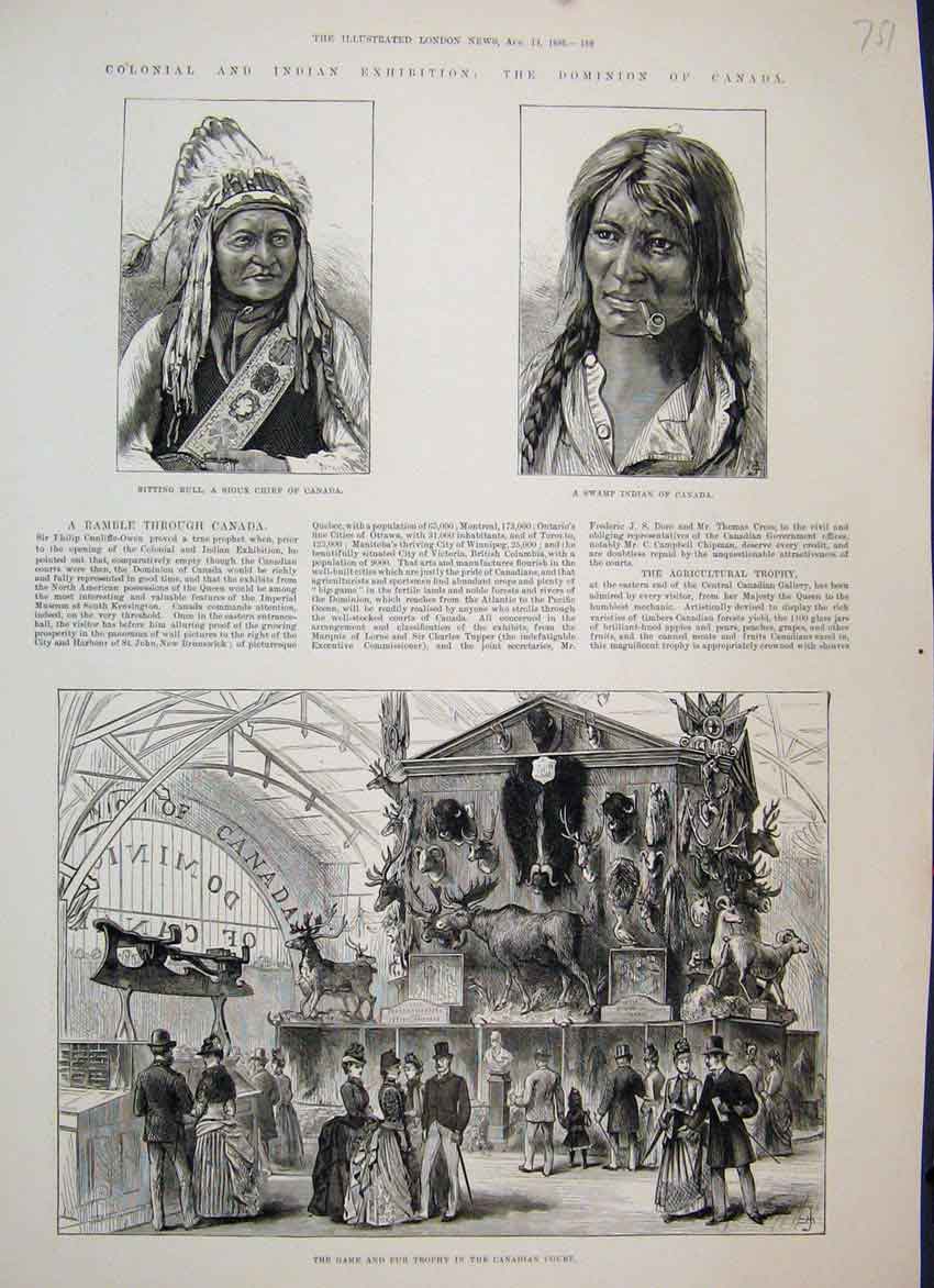 Original Old Antique Print 1886 Canada Court Game Fur Trophy Sioux Chief 19th