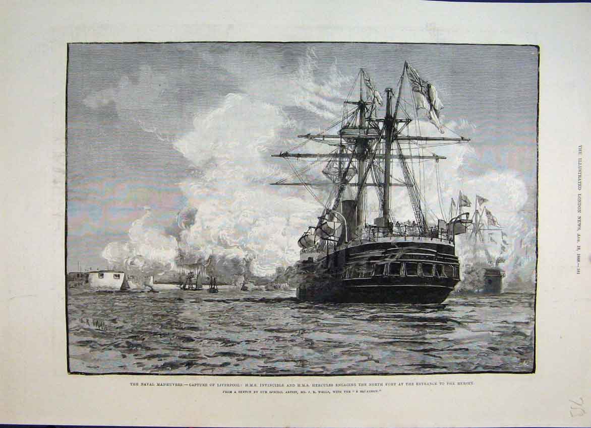 Original Old Antique Print 1888 Naval Capture Liverpool Hercules Mersey 19th